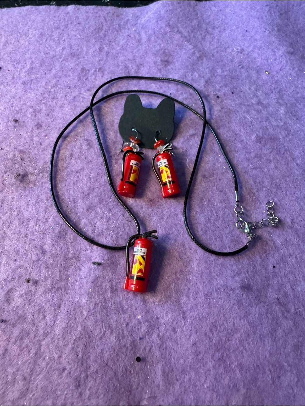 Fire Extinguisher Charm Necklace & Earring Set - Red